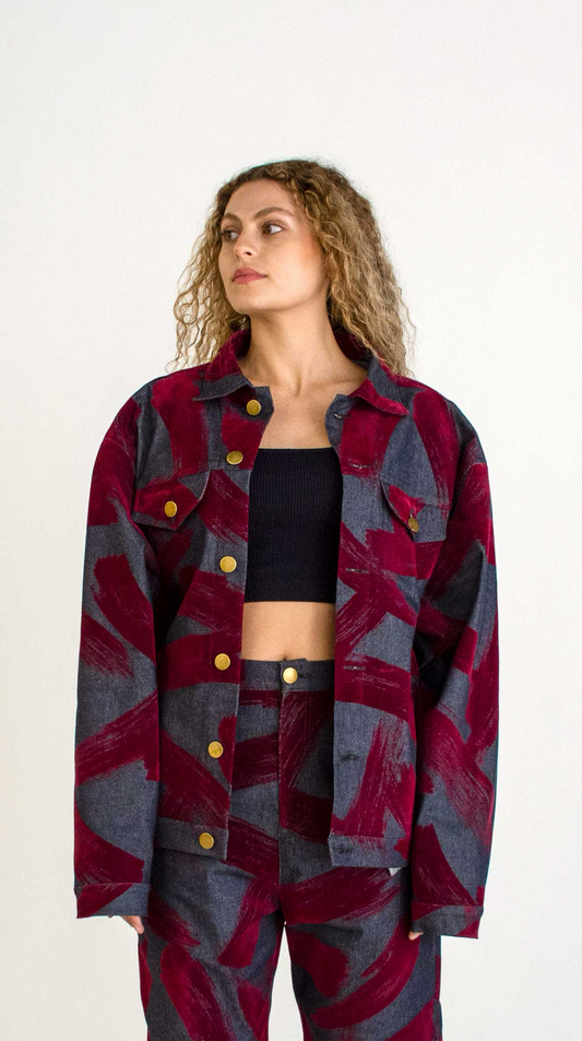 DENIM JACKET WITH RED VELVET X