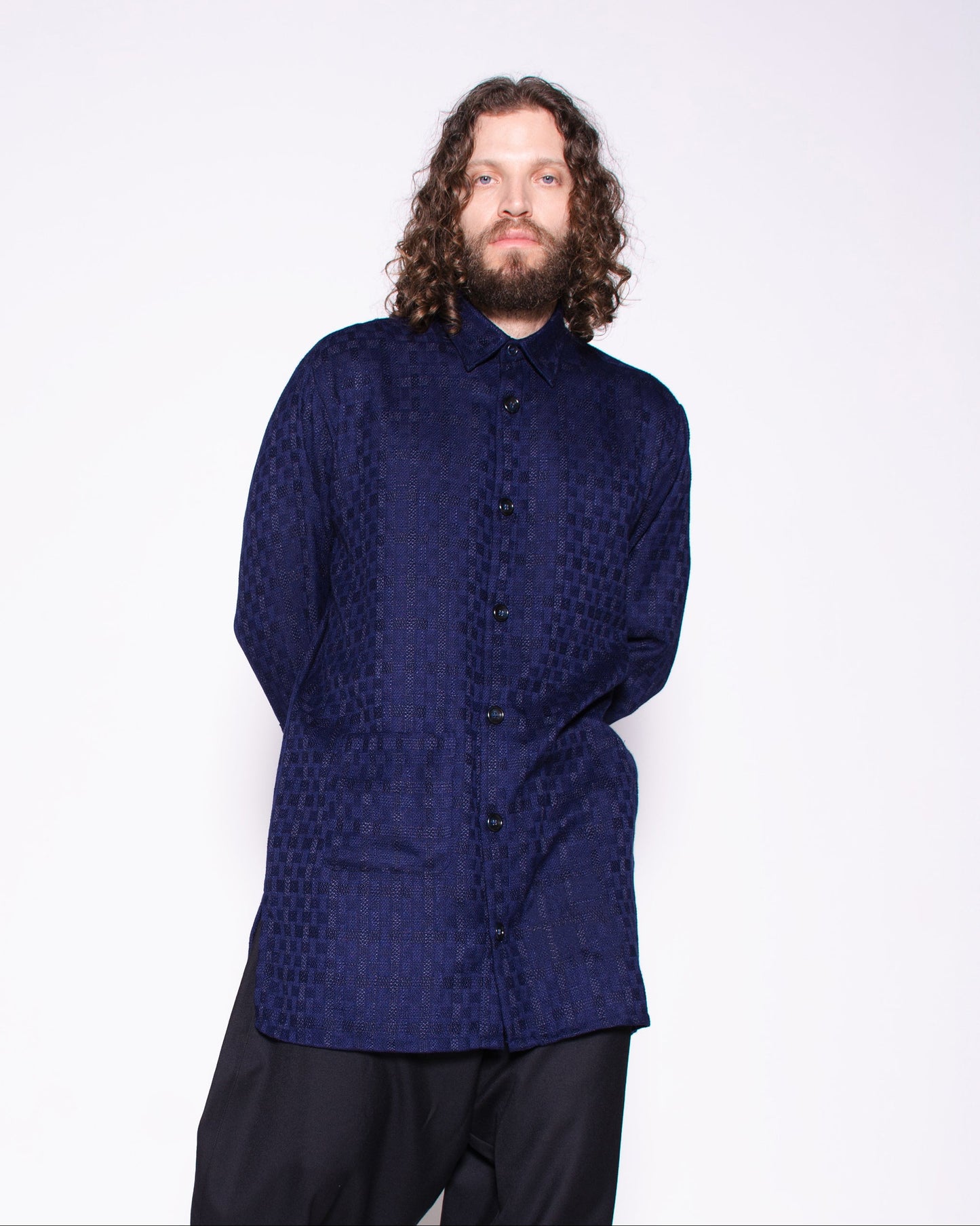 BLUE BLACK TEXTURIZED COTTON BUTTONED SHIRT