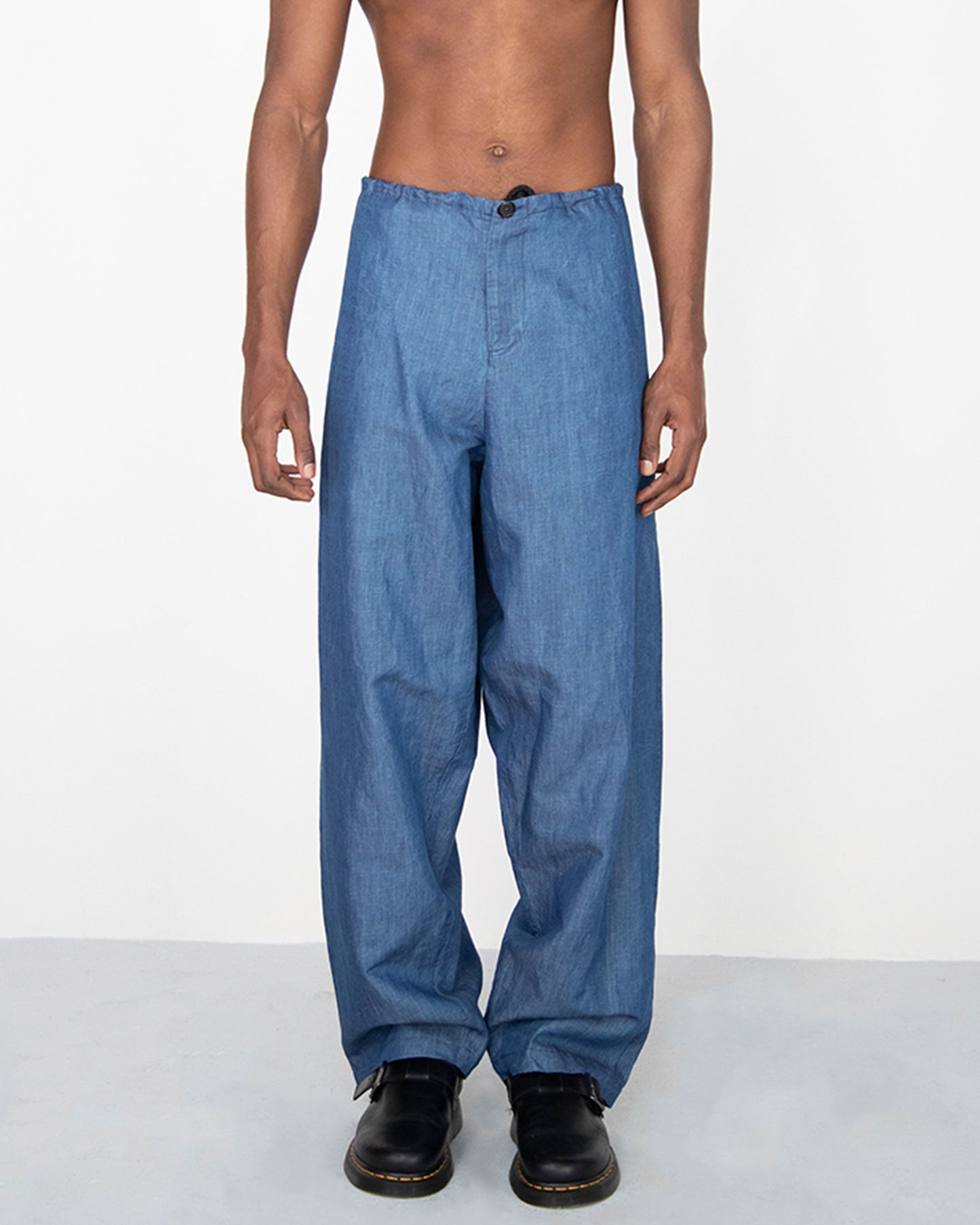 WIDE DRAPED WASHED BLUE LINEN DENIM TROUSERS WITH ROPE