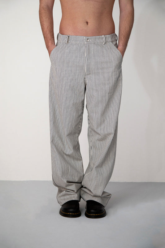 WASHED WHITE NAVY STRIPED DENIM TROUSERS