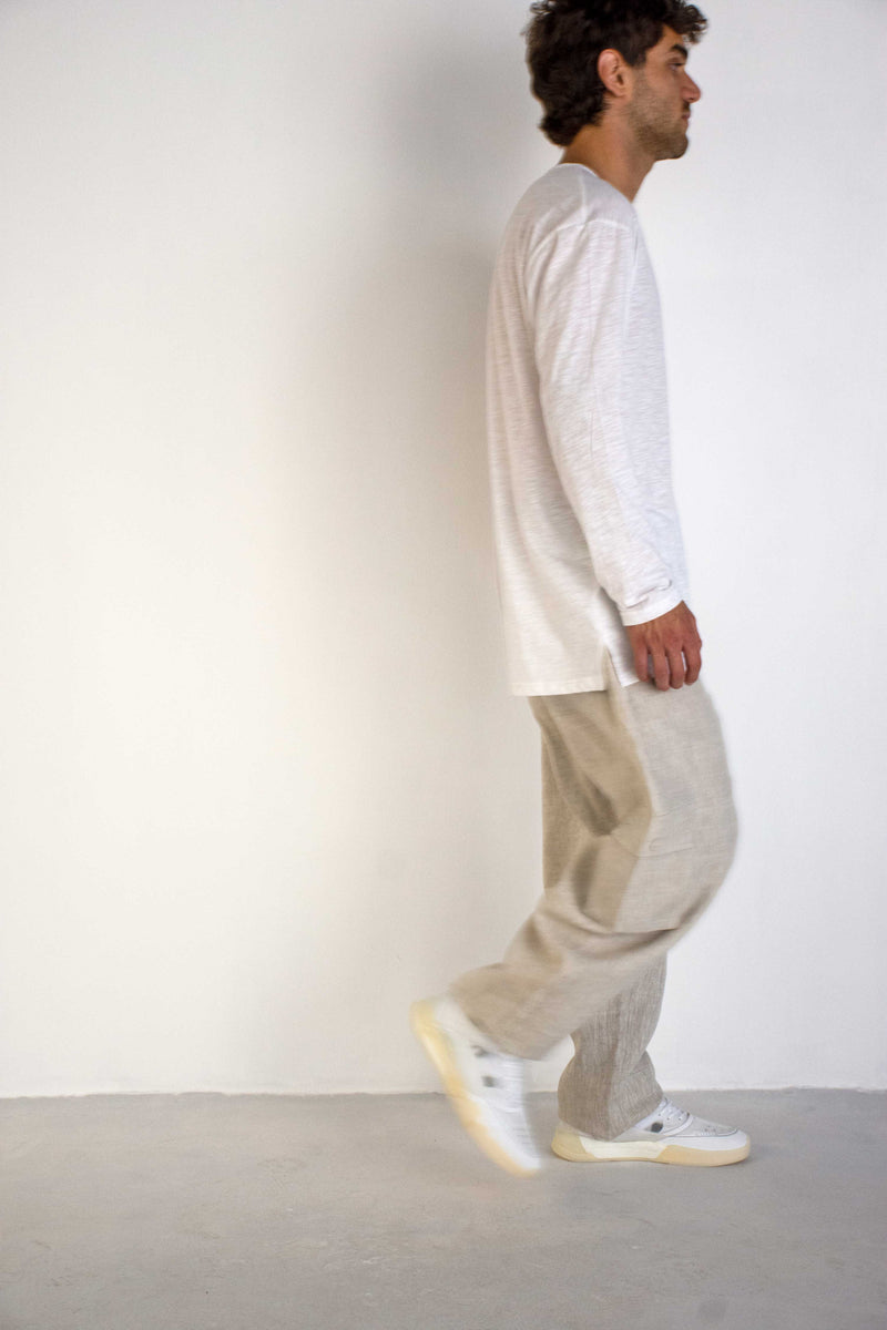 GREIGE LINEN SIDE POCKET TROUSERS