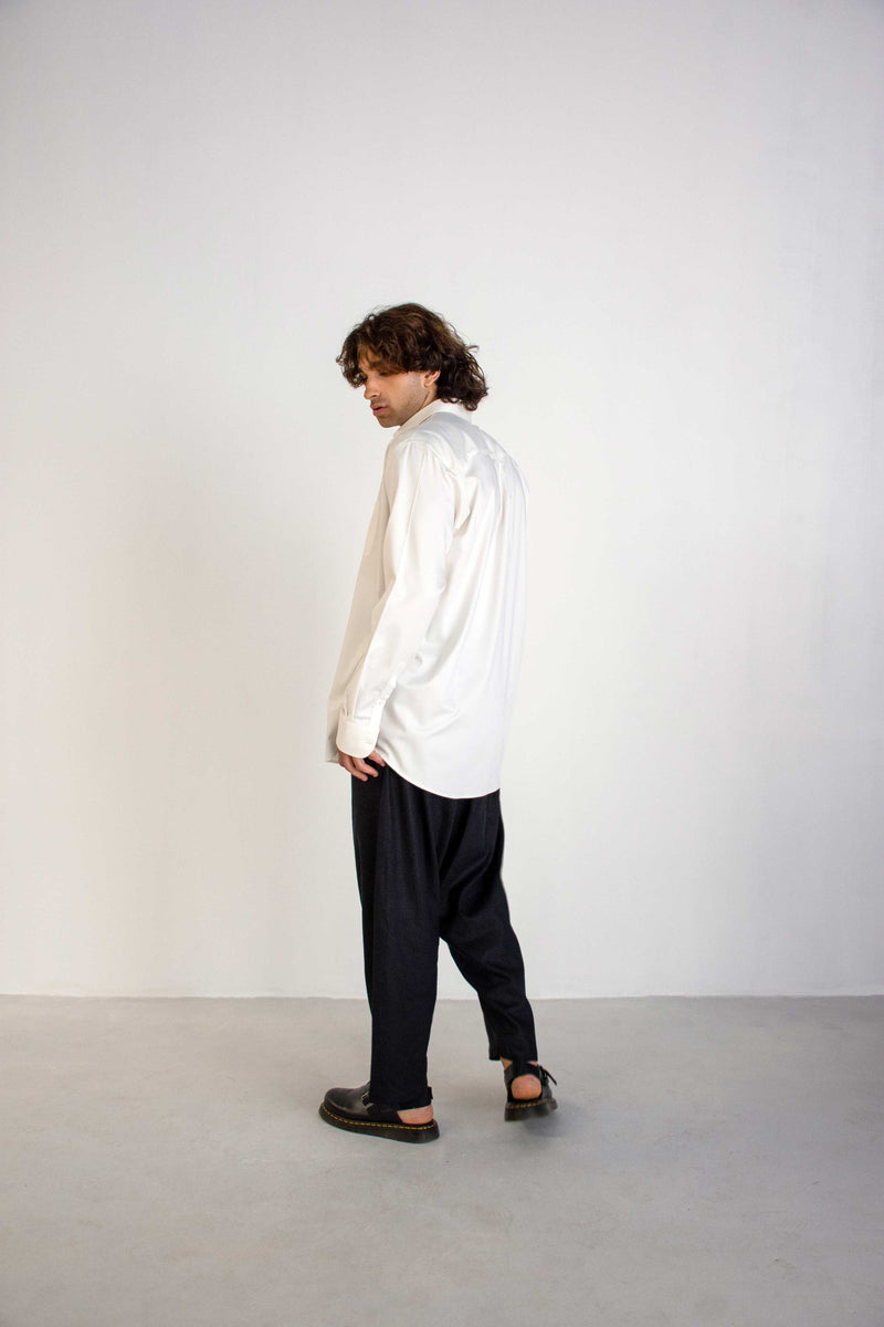 BLACK CONCEALED WAIST WIDE LINEN TROUSERS