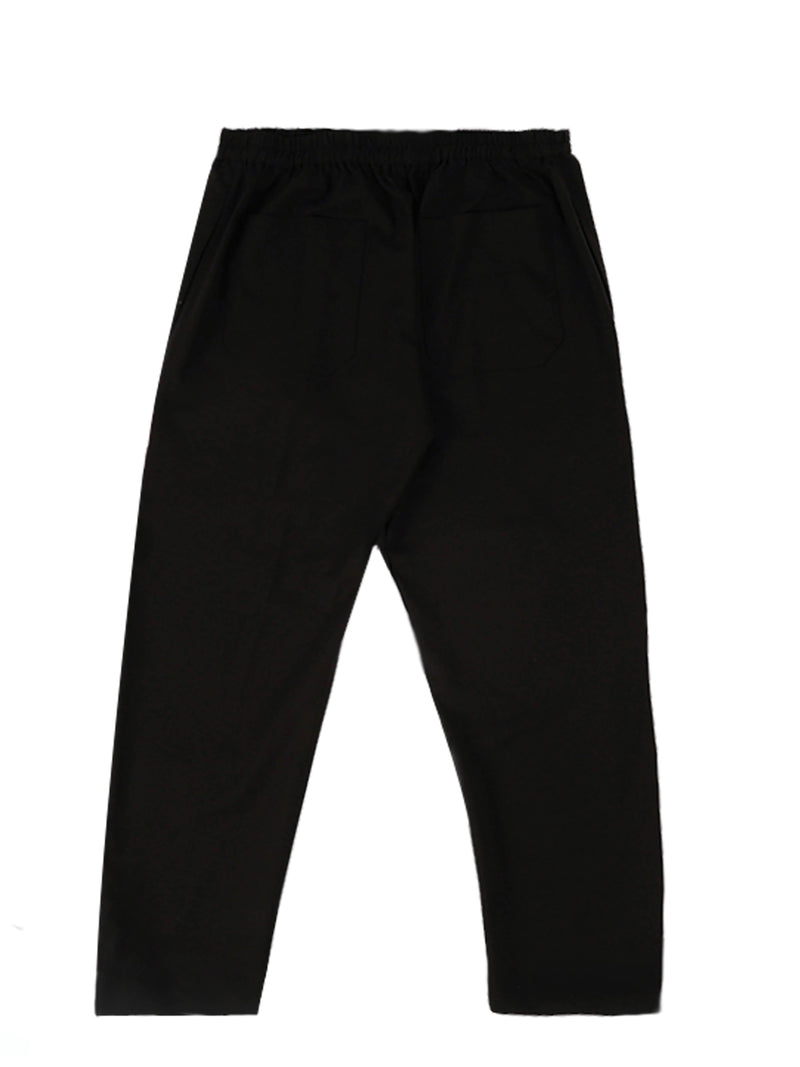 ANGLED HEM BLACK WOOL GABARDINE TROUSERS WITH CUSTOM EMBROIDERIES