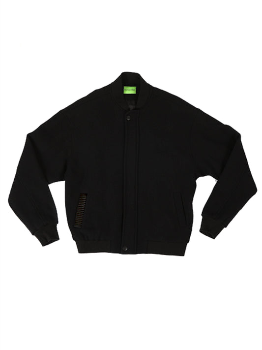 BLACK TWEED WOOL BOMBER JACKET WITH CUSTOMIZED POCKET AND BACK EMBROIDERY