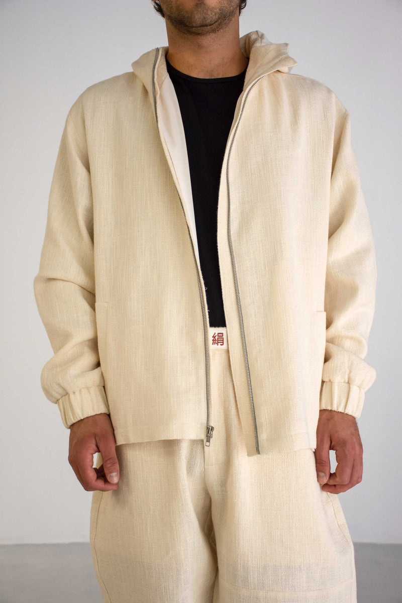 BEIGE TEXTURED COTTON JACKET WITH HOODIE