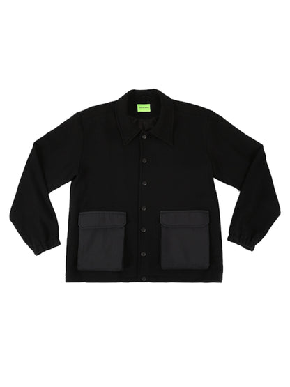 BLACK FRONT POCKET WOOL TWEED JACKET WITH CUSTOMIZED BACK EMBROIDERY