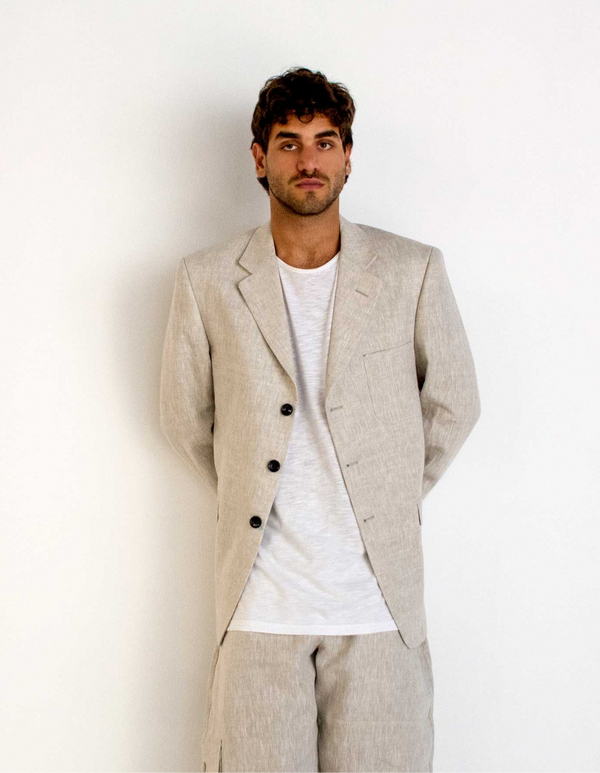 GREIGE LINEN NOTCH LAPEL JACKET