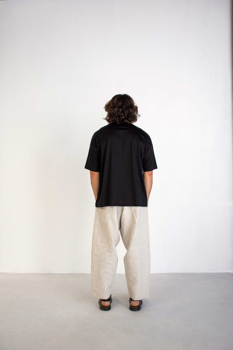 GREIGE CONCEALED WAIST WIDE LINEN TROUSERS