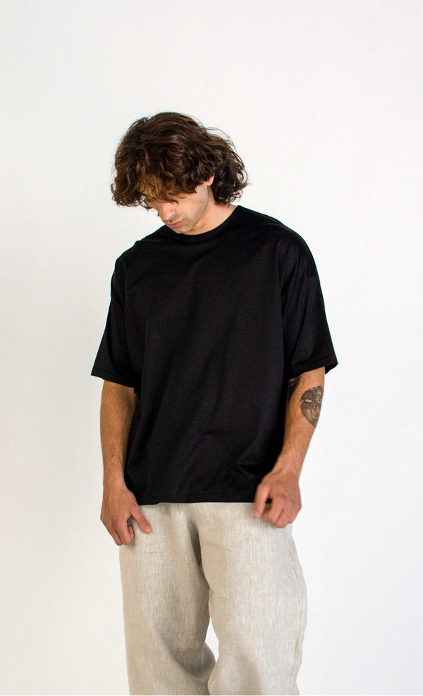 BLACK MERCERIZED COTTON WIDE FIT T-SHIRT