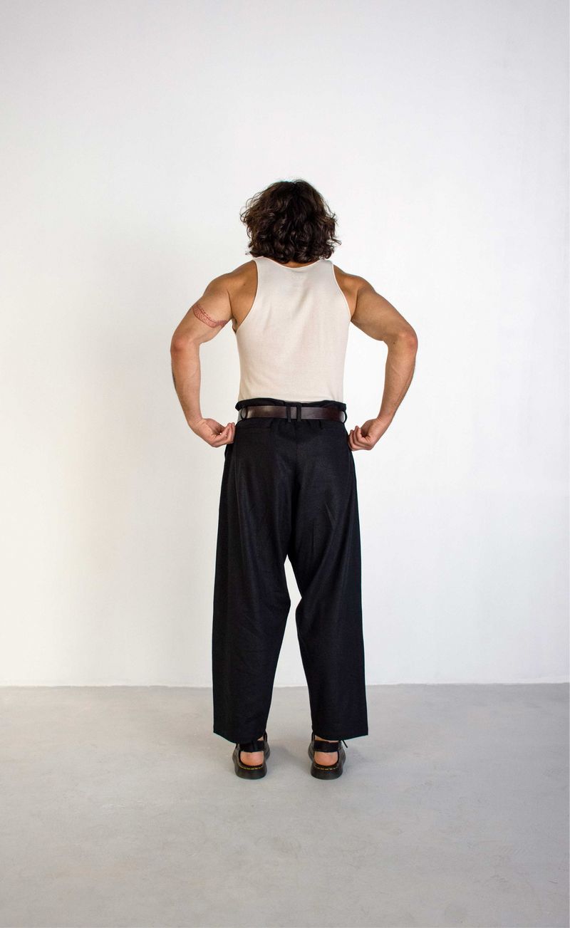 BLACK CONCEALED WAIST WIDE LINEN TROUSERS