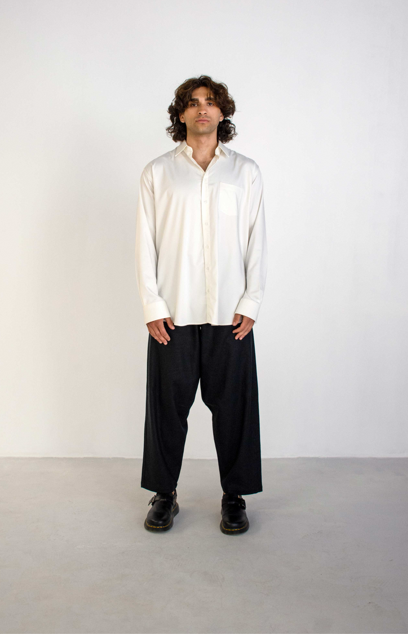 BLACK CONCEALED WAIST WIDE LINEN TROUSERS