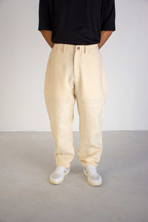 BEIGE TEXTURED COTTON TROUSERS