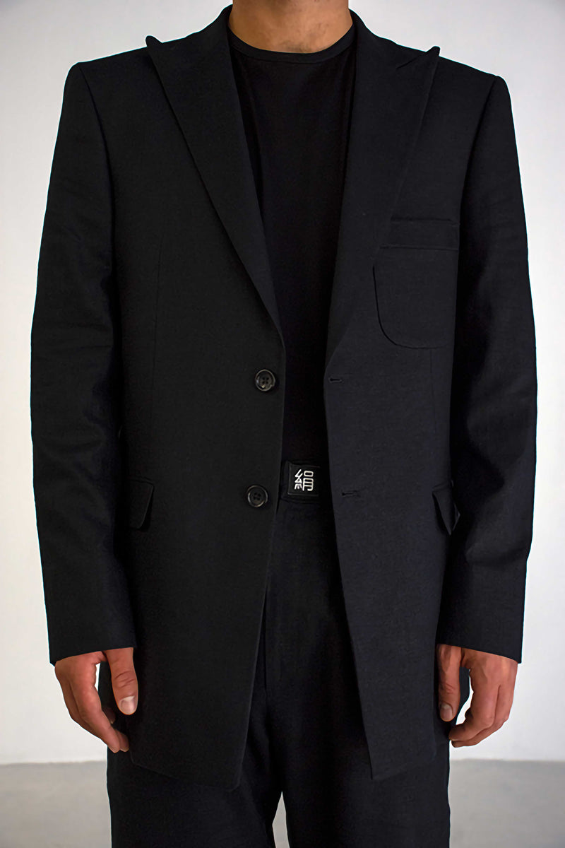 BLACK LINEN COTTON PEAK LAPEL JACKET