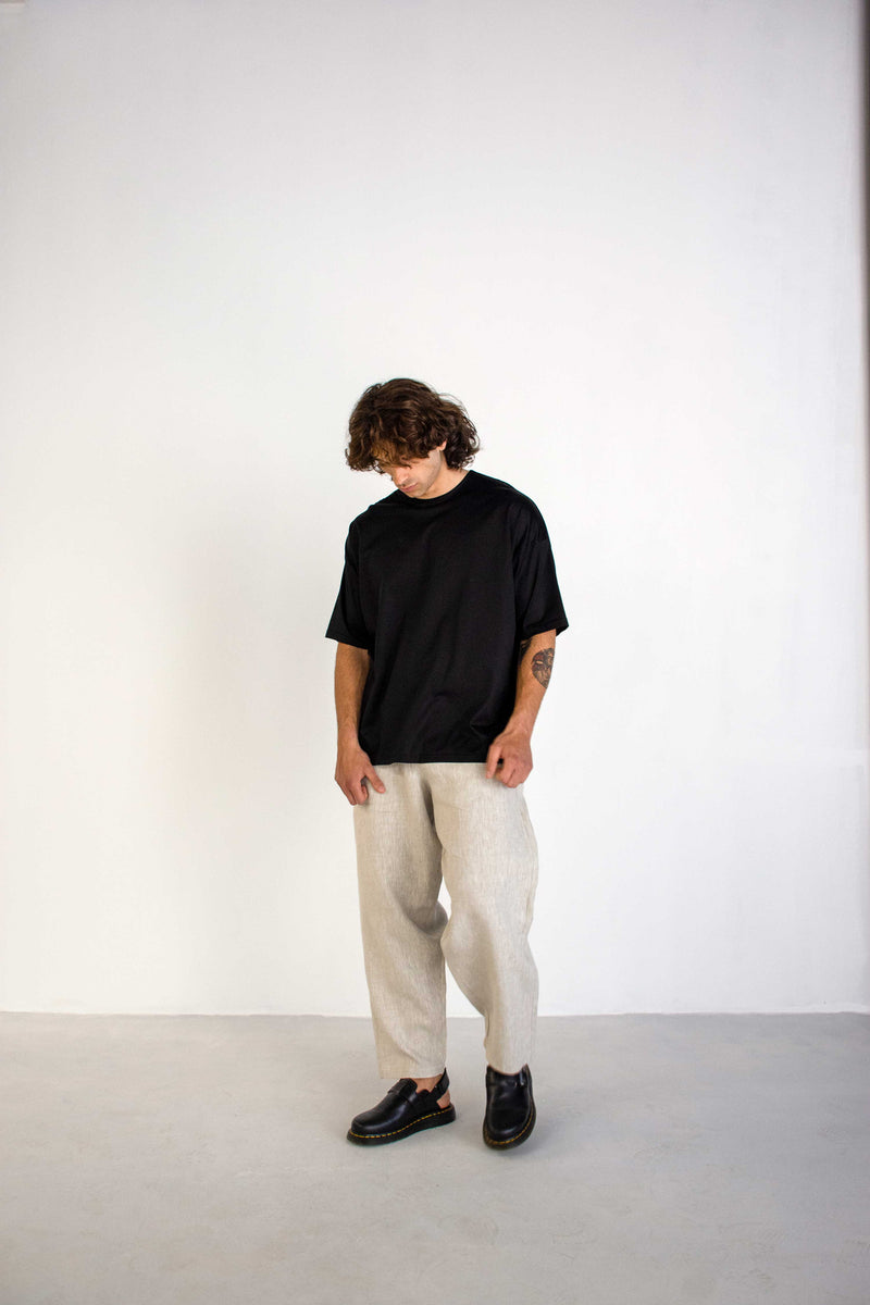 GREIGE CONCEALED WAIST WIDE LINEN TROUSERS