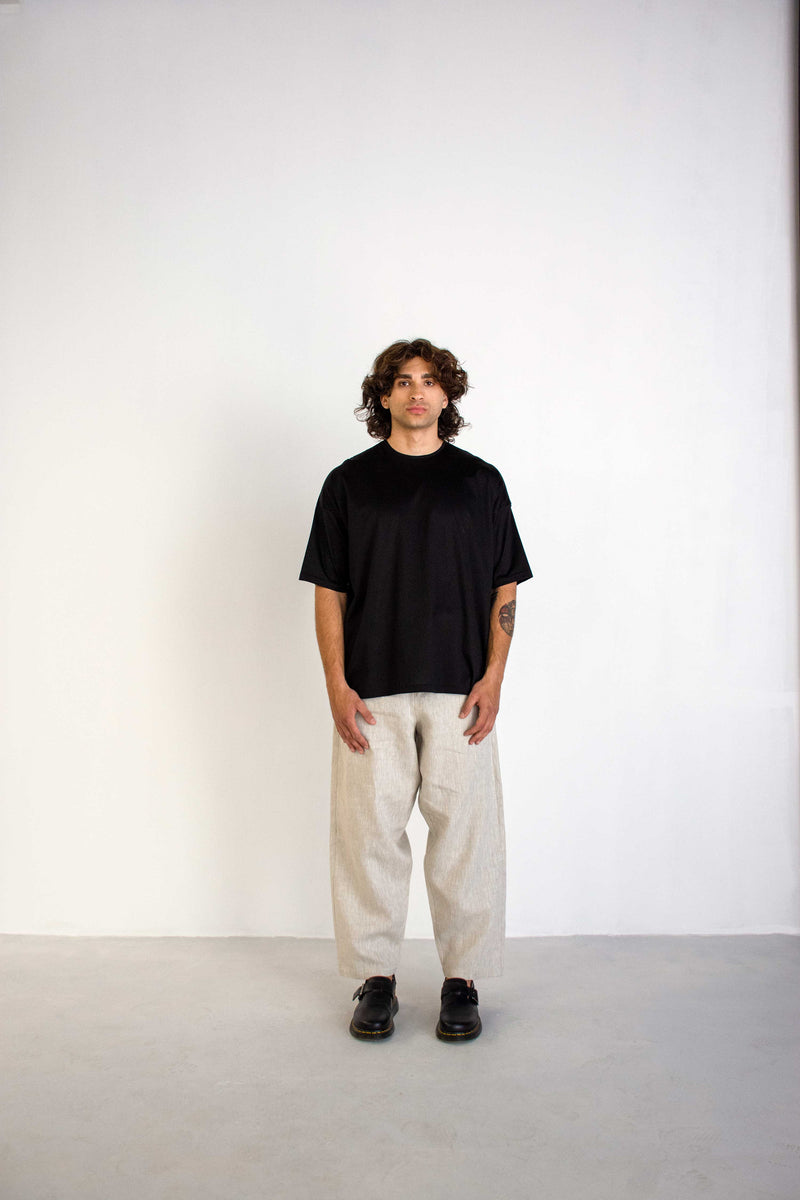 GREIGE CONCEALED WAIST WIDE LINEN TROUSERS