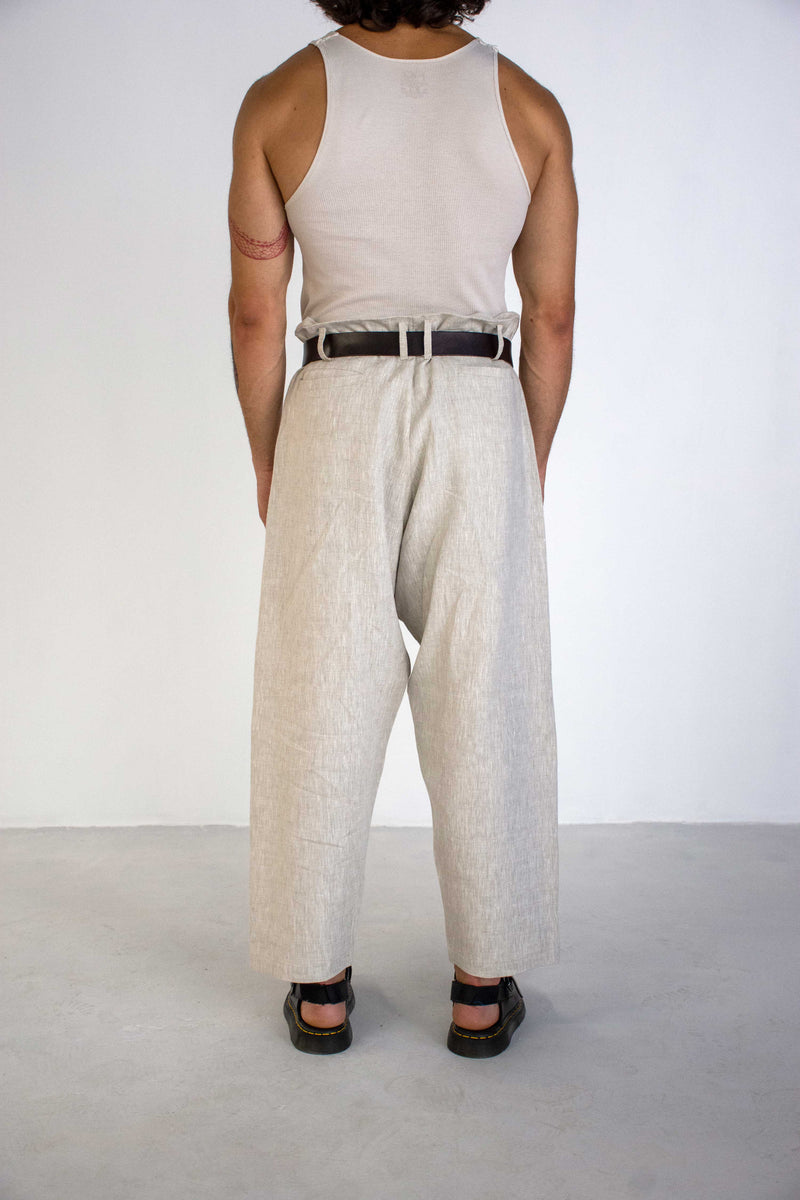 GREIGE CONCEALED WAIST WIDE LINEN TROUSERS