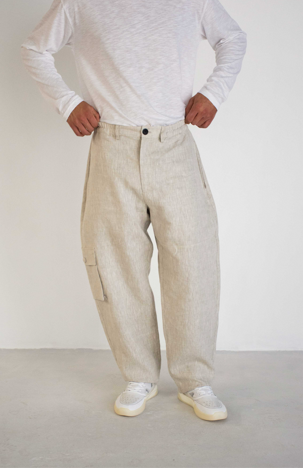 GREIGE LINEN SIDE POCKET TROUSERS