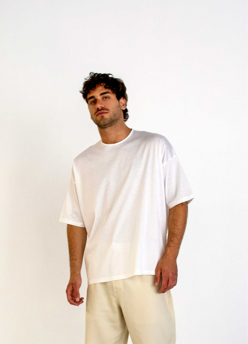 WHITE MERCERIZED COTTON WIDE FIT T-SHIRT