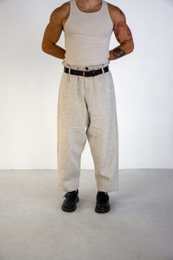 GREIGE CONCEALED WAIST WIDE LINEN TROUSERS