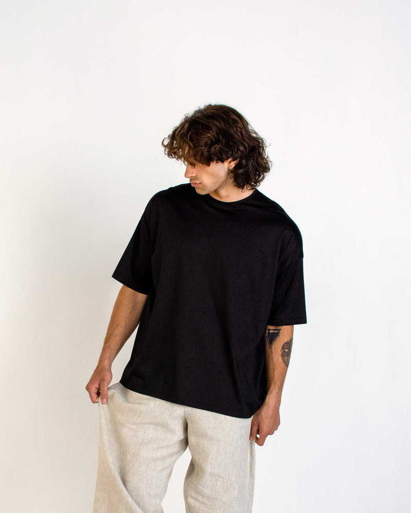 BLACK MERCERIZED COTTON WIDE FIT T-SHIRT