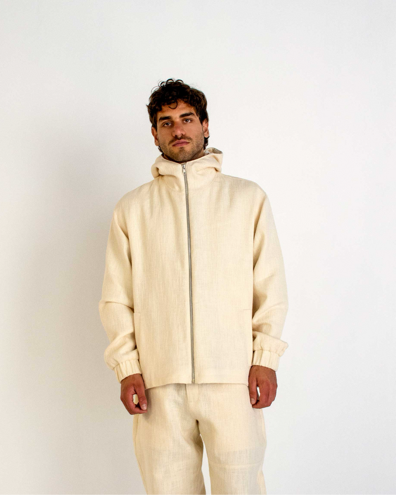 BEIGE TEXTURED COTTON JACKET WITH HOODIE