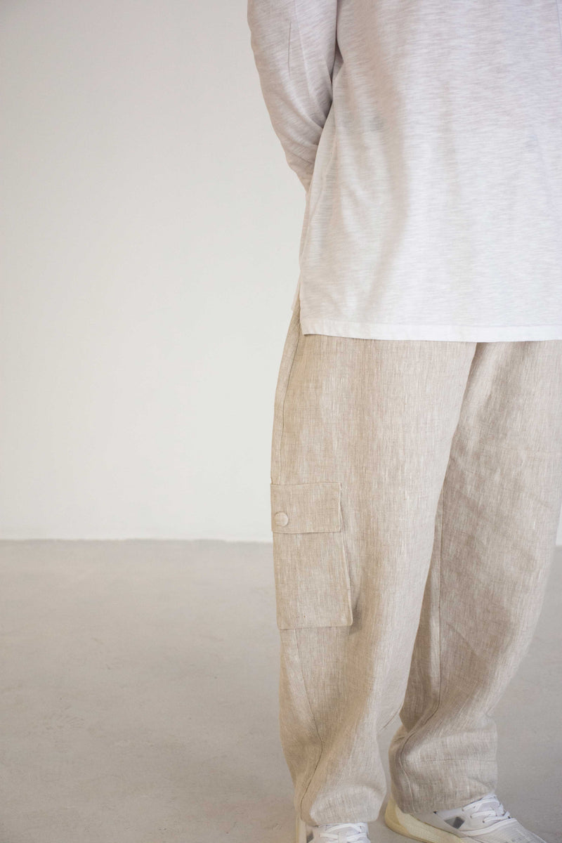 GREIGE LINEN SIDE POCKET TROUSERS