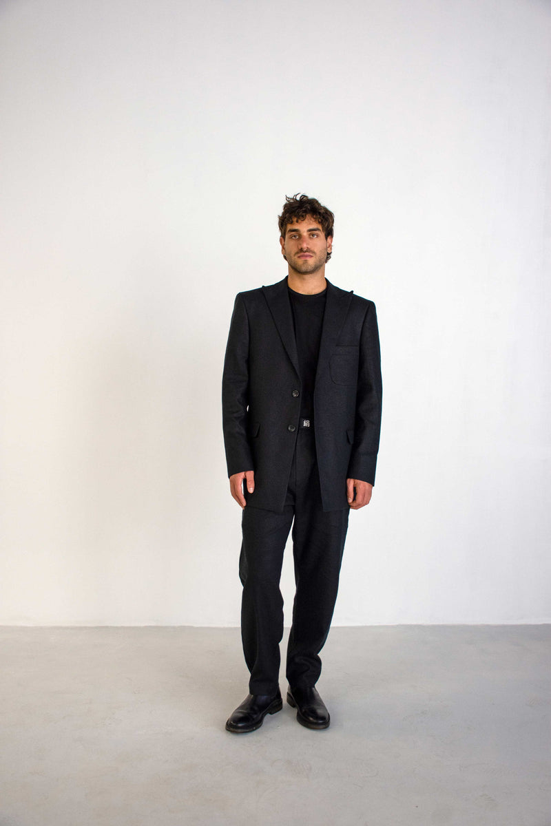 BLACK LINEN COTTON PEAK LAPEL JACKET