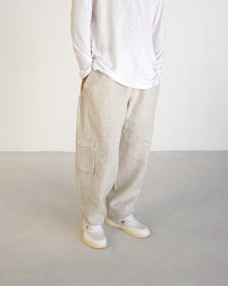 GREIGE LINEN SIDE POCKET TROUSERS