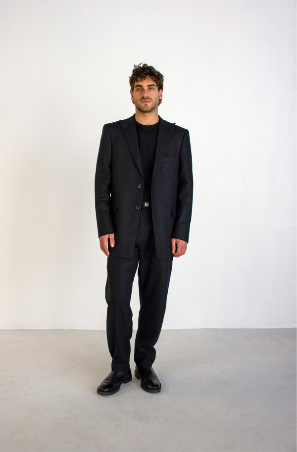 BLACK LINEN-COTTON ANGLED HEM TROUSERS