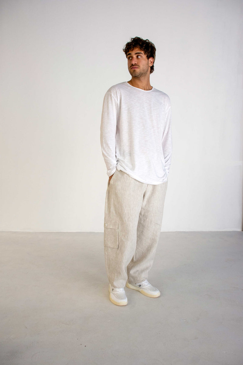 GREIGE LINEN SIDE POCKET TROUSERS