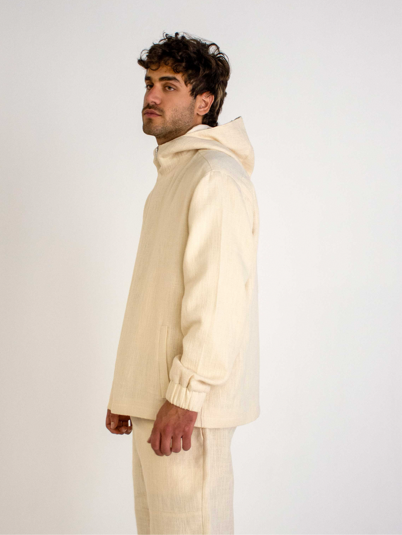 BEIGE TEXTURED COTTON JACKET WITH HOODIE