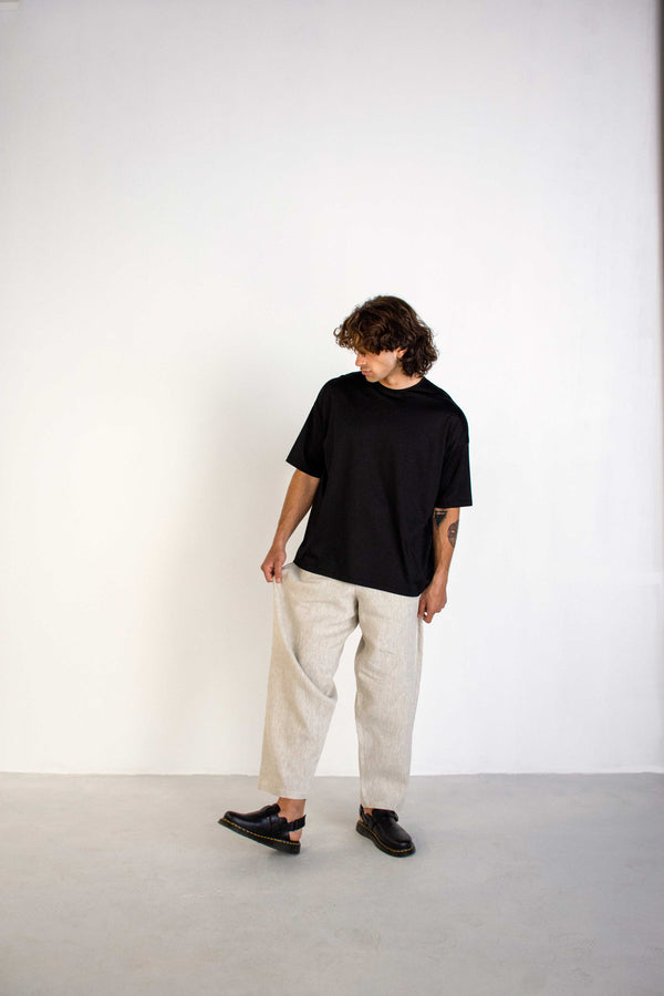 GREIGE CONCEALED WAIST WIDE LINEN TROUSERS