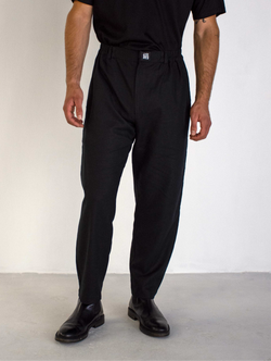 BLACK LINEN-COTTON ANGLED HEM TROUSERS