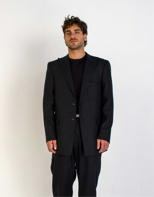 BLACK LINEN COTTON PEAK LAPEL JACKET