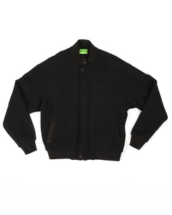 BLACK TWEED WOOL BOMBER JACKET WITH CUSTOMIZED POCKET AND BACK EMBROIDERY