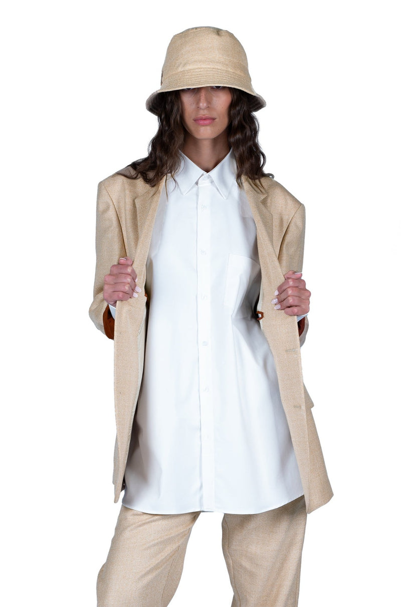 WOVEN LINEN, SILK AND WOOL JACKET | LIGHT CREAM WITH SAND AND ORANGE SPECKLES | REVERSIBLE SLEEVES