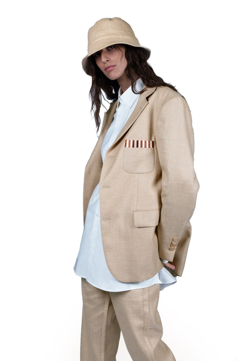 WOVEN LINEN, SILK AND WOOL JACKET | LIGHT CREAM WITH SAND AND ORANGE SPECKLES | REVERSIBLE SLEEVES