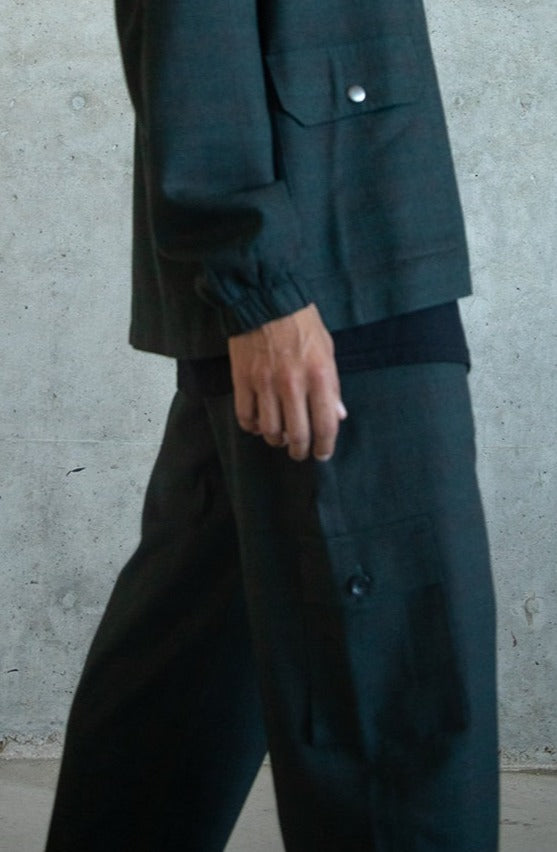 BLACK DARK GREEN WOOL SIDE POCKET TROUSERS