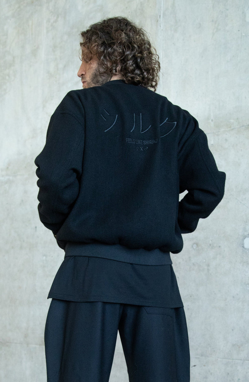 BLACK TWEED WOOL BOMBER JACKET WITH CUSTOMIZED POCKET AND BACK EMBROIDERY