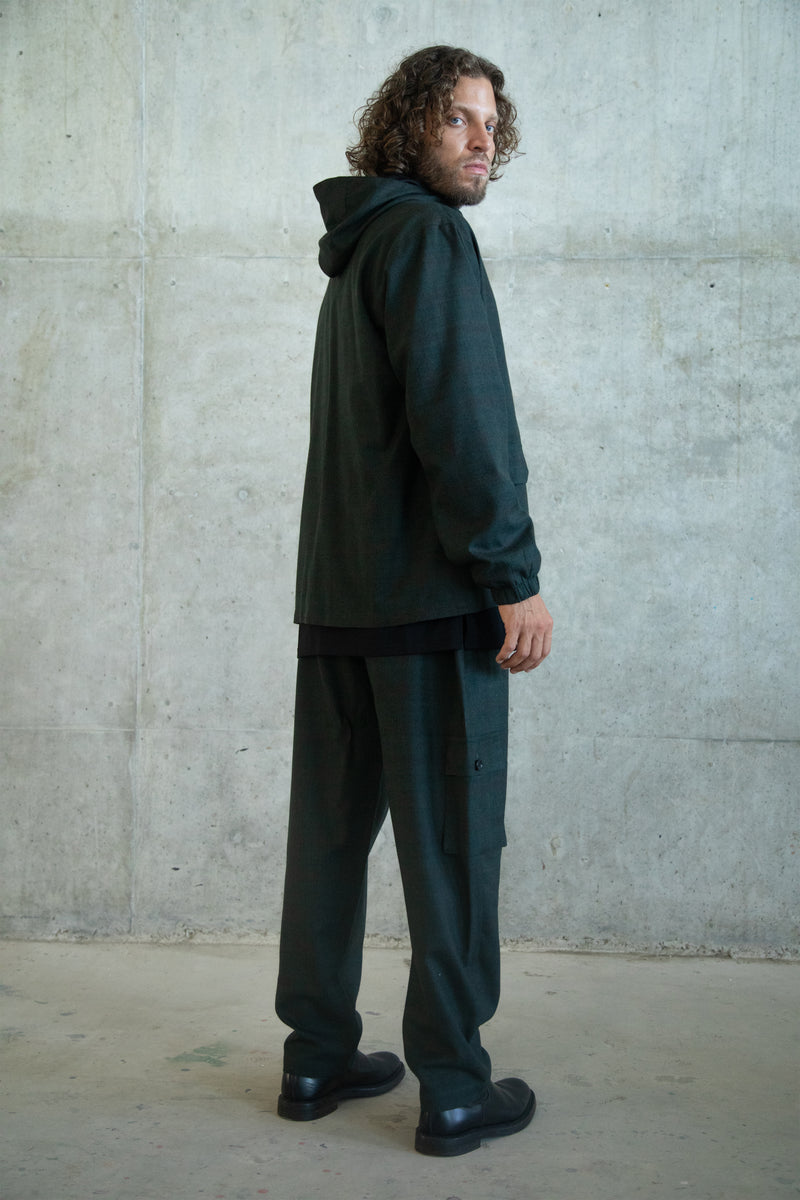 FRONT POCKETS BLACK DARK GREEN WOOL ZIPPER JACKET