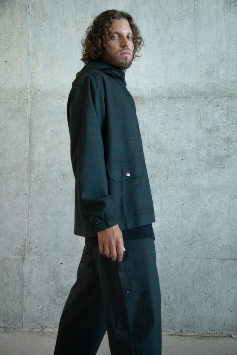 FRONT POCKETS BLACK DARK GREEN WOOL ZIPPER JACKET