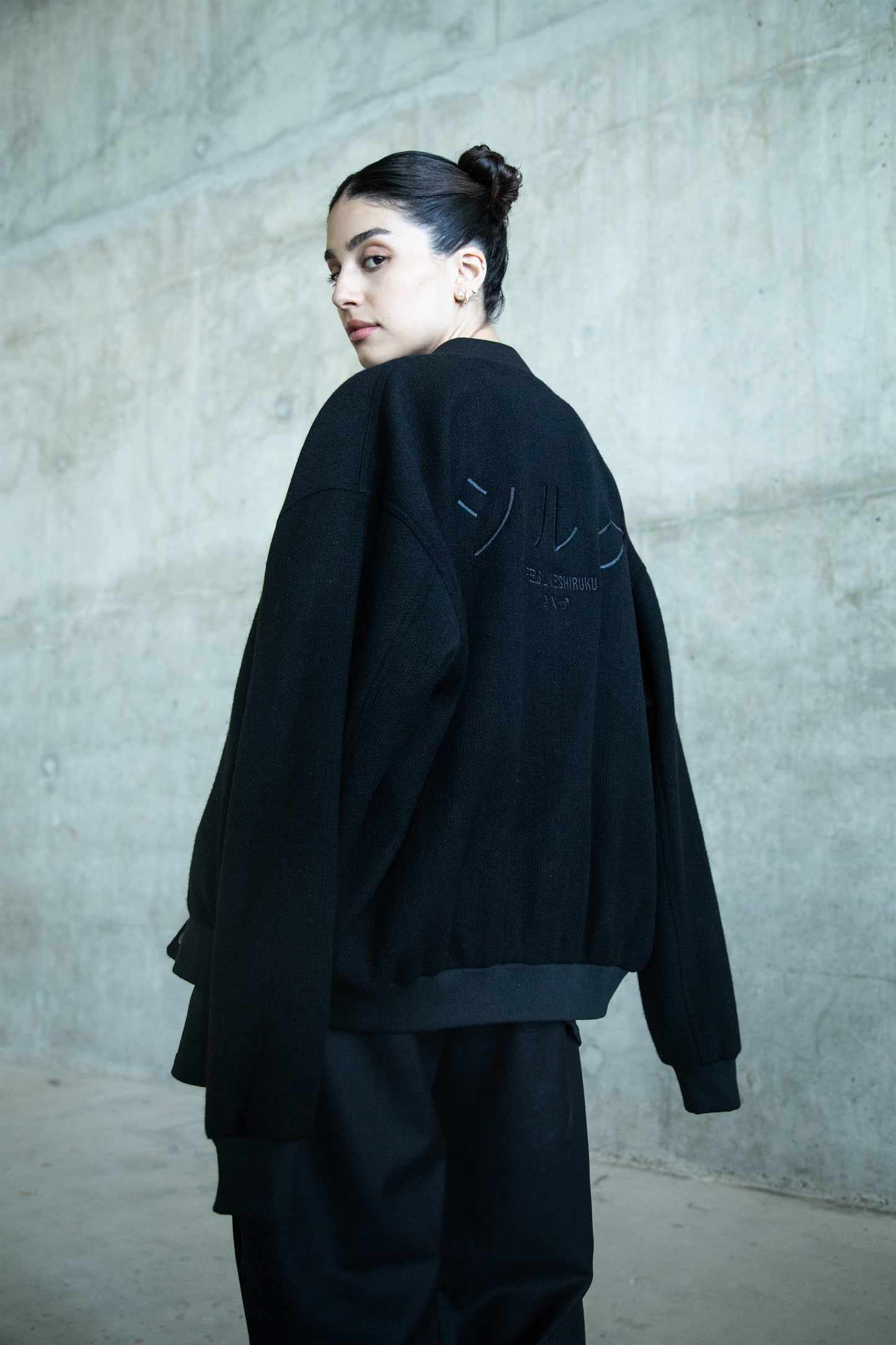 BLACK TWEED WOOL BOMBER JACKET WITH CUSTOMIZED POCKET AND BACK EMBROIDERY