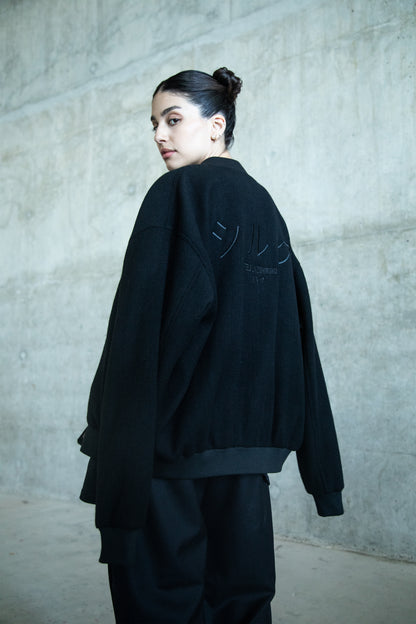 BLACK TWEED WOOL BOMBER JACKET WITH CUSTOMIZED POCKET AND BACK EMBROIDERY
