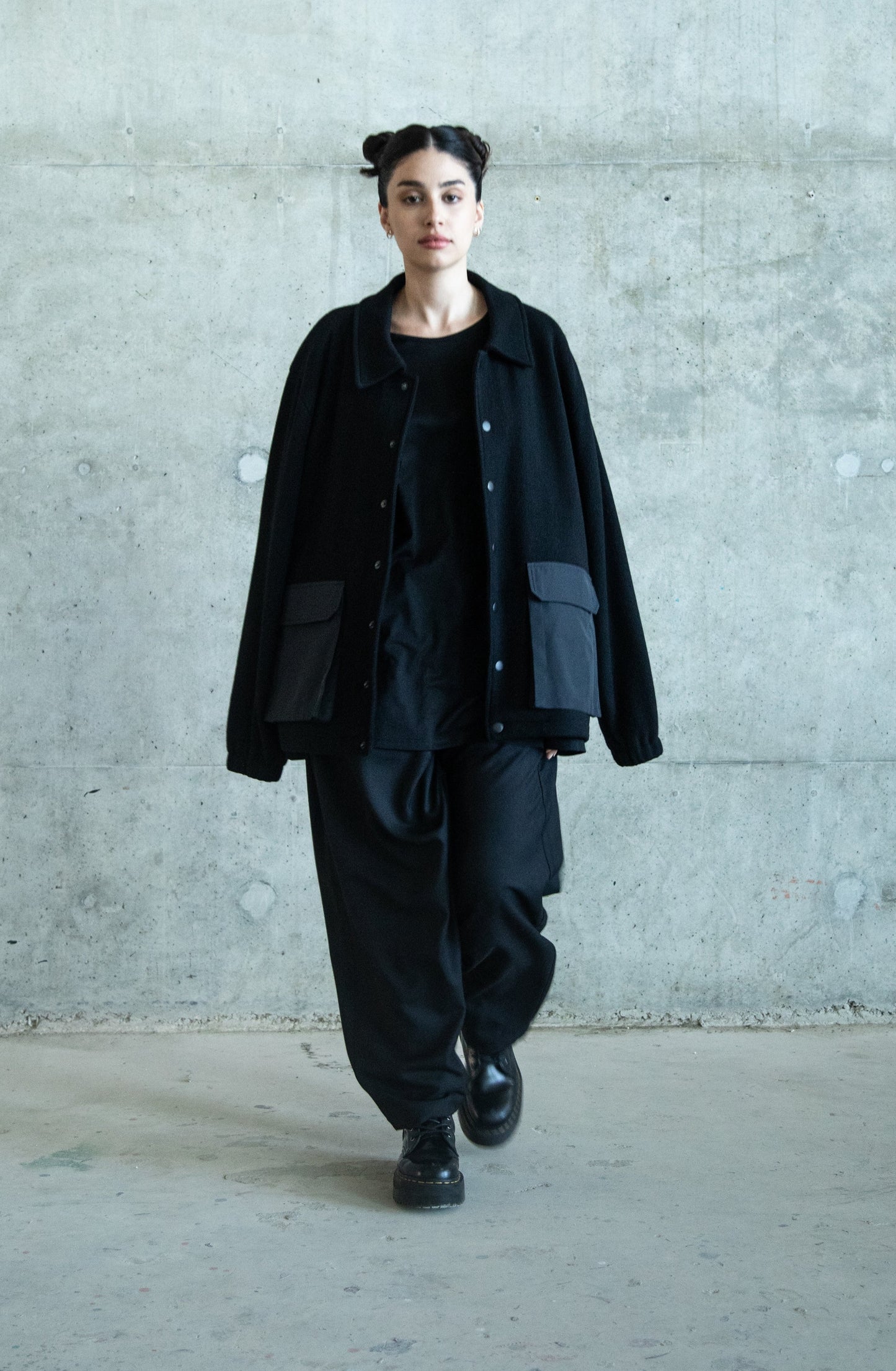WIDE BLACK WOOL GABARDINE DRAPED TROUSERS