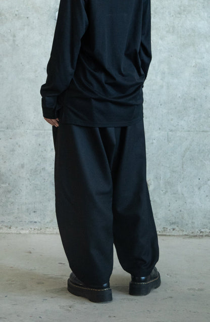WIDE BLACK WOOL GABARDINE DRAPED TROUSERS