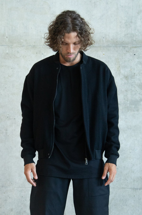 BLACK TWEED WOOL BOMBER JACKET WITH CUSTOMIZED POCKET AND BACK EMBROIDERY