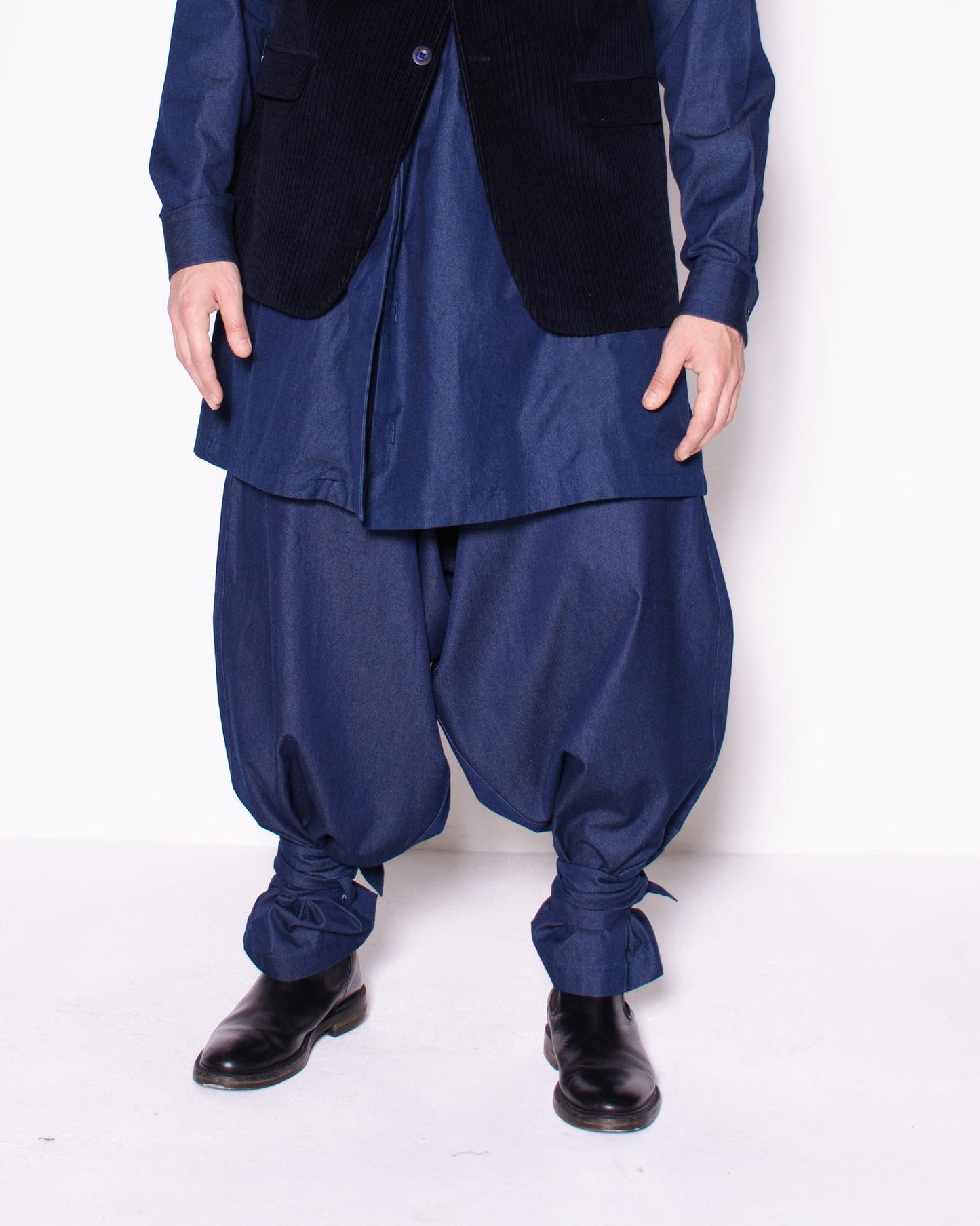 MG WIDE RITORTO DENIM DRAPED TROUSERS WITH STRAPS