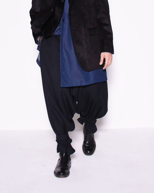 MG WIDE BLACK DRAPED WOOL TROUSERS WITH STRAPS