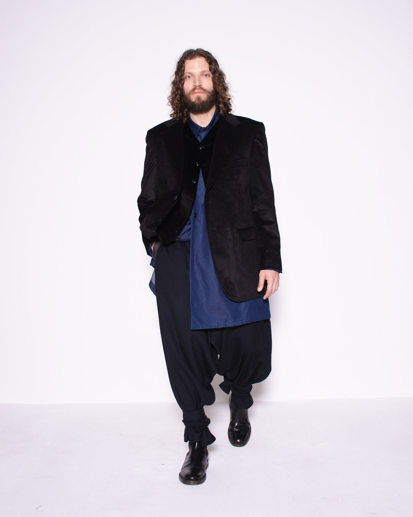 MG WIDE BLACK DRAPED WOOL TROUSERS WITH STRAPS