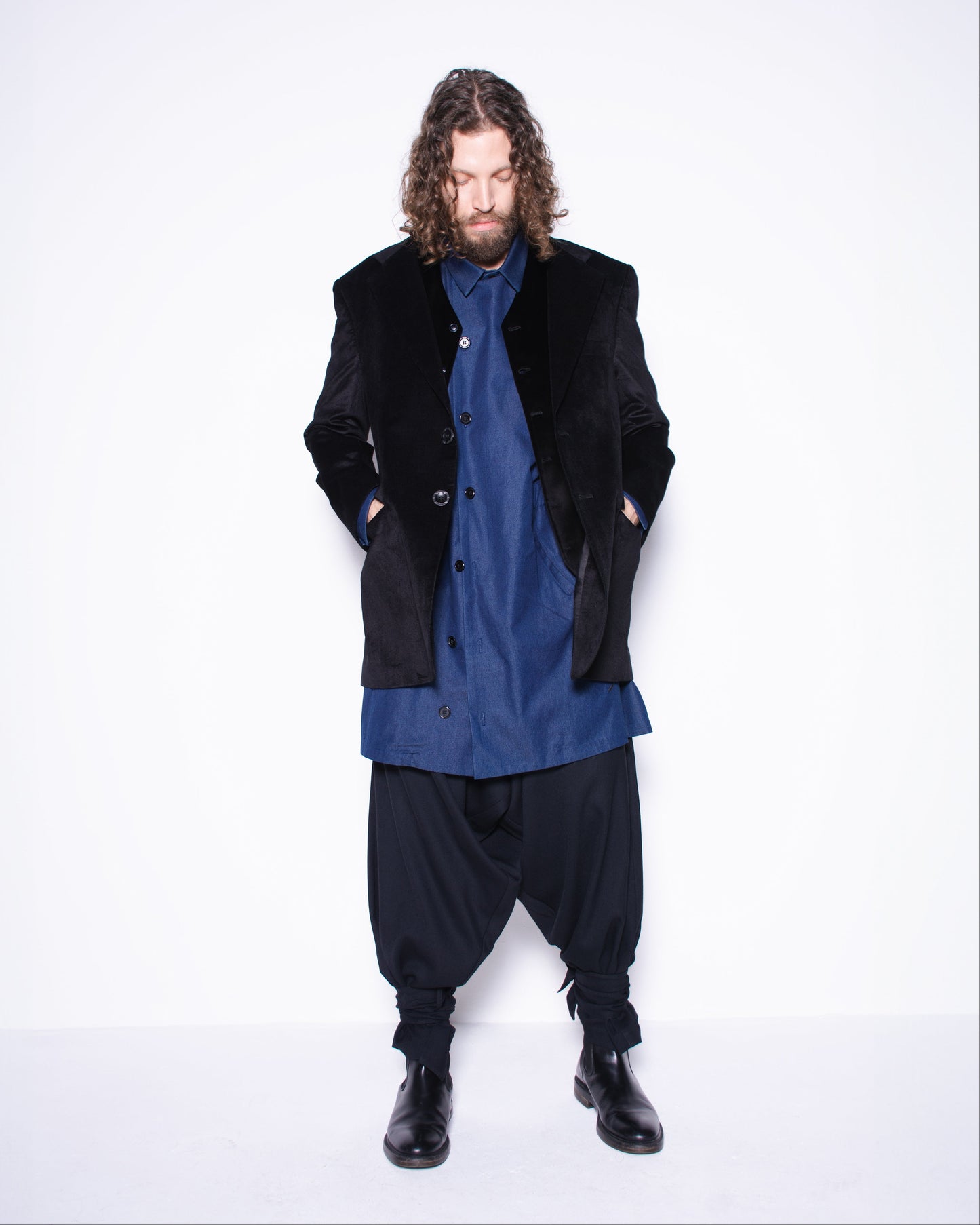 MG WIDE BLACK DRAPED WOOL TROUSERS WITH STRAPS